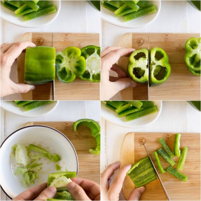 A four-photo collage of the process to cut the bell peppers. In the first photo, the ends are cut from the bell pepper. The second shows the bell pepper set on the bamboo cutting board and being cut in half. The third shows the seeds and pith being removed from the half, and the fourth shows the peppers being cut into strips using a chef's knife. 