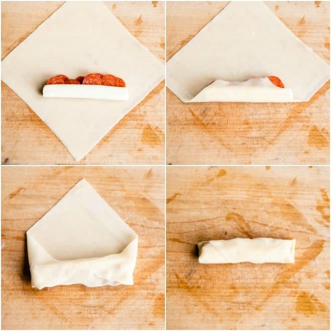 A pizza stick being rolled in four steps on a wooden cutting coard.