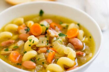 Pasta and Bean Soup in a white bowl.