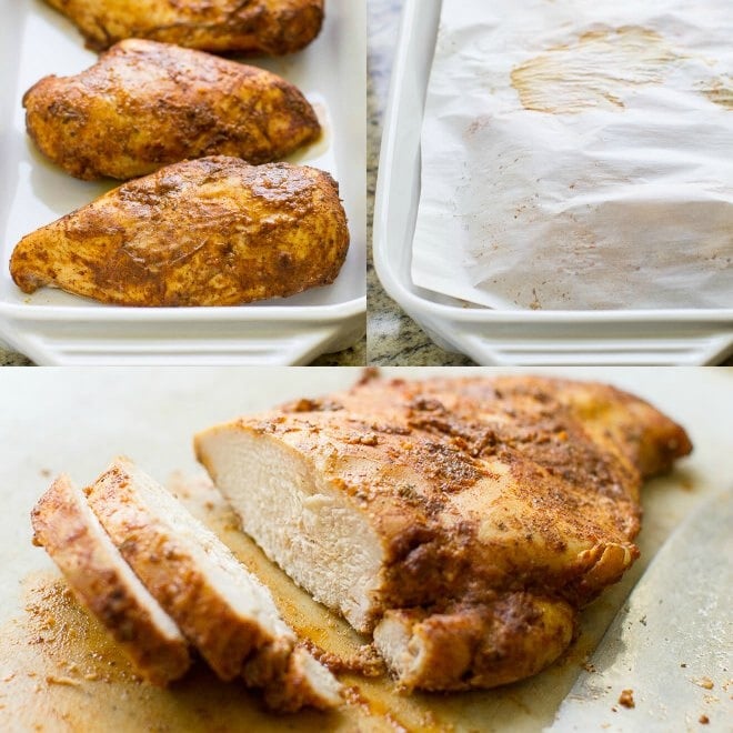 Photo collage of three photos, the right in the upper right hand corner is the seasoned chicken covered in parchment paper, below is a seasoned sliced chicken breast, and the upper left are three seasoned chicken breasts in a white baking dish.