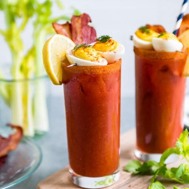 Inspired by all the crazy ideas I've seen over the years, my Bacon and Eggs Bloody Mary combines homemade bloody mary mix, crispy bacon, and deviled eggs. This brunch superstar is now a completely breakfast! 
