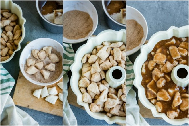 A collage of three photos showing steps to making monkey bread.