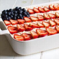 Strawberry Jello Poke Cake decorated like an American Flag.