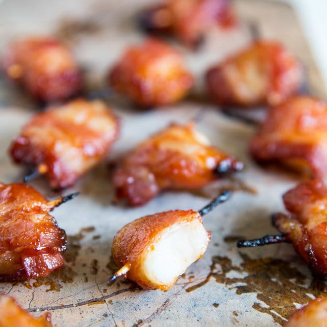 Bacon Wrapped Water Chestnuts on a serving platter. 