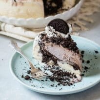 Easy ice cream cake on a white plate.