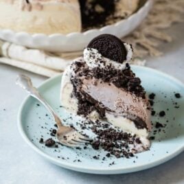 Easy ice cream cake on a white plate.