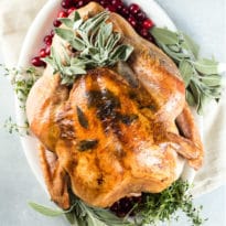 Perfect roast turkey on a white platter.