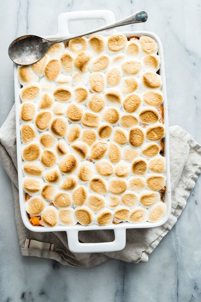 Updated Sweet Potato Casserole with Marshmallows is delicious without being too sweet or too soggy. Add this classic Thanksgiving side dish to your menu!