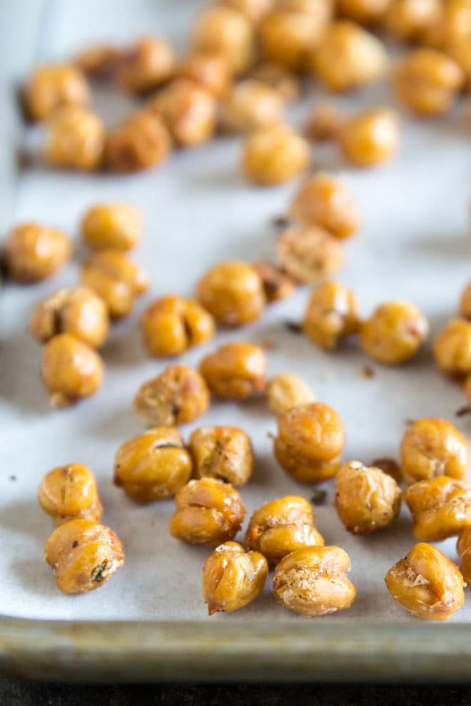 Chickpeas on parchment paper.