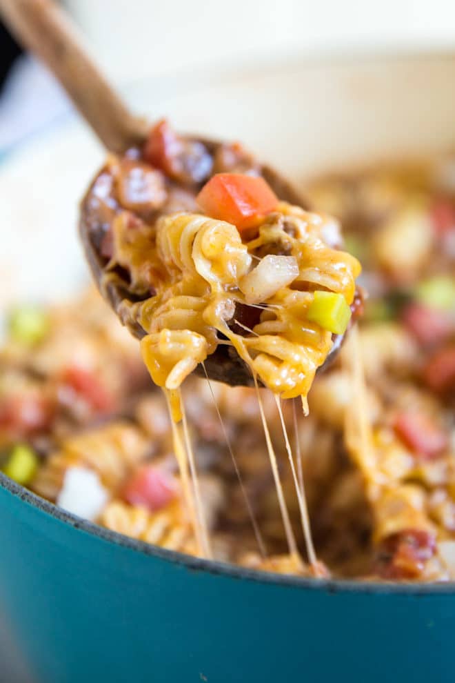 A spoonful of cheeseburger casserole.