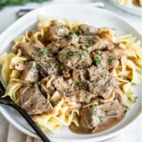 Easy beef stroganoff on a white plate.