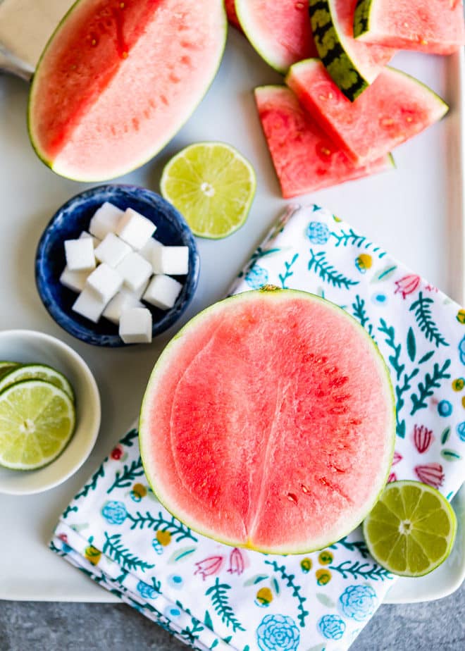 Watermelon agua fresca ingredients on a countertop.