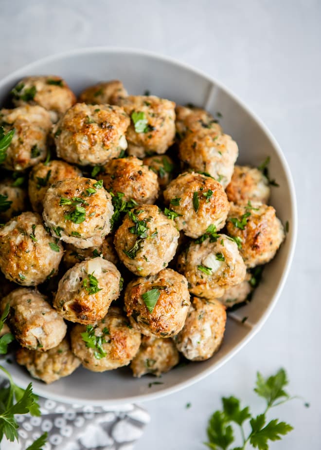 Leaner than beef, these Turkey Meatballs are healthy, packed with flavor, and incredibly moist on the inside. A combination of fresh and dried herbs give these meatballs an Italian flare while also providing a balance of flavors. Good and good for you, these meatballs freeze beautifully and can be reheated in no time. To sauce or not to sauce, I leave that up to you!