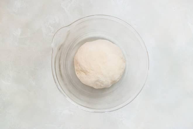 Ball of kneaded pizza dough in bowl before it has risen.
