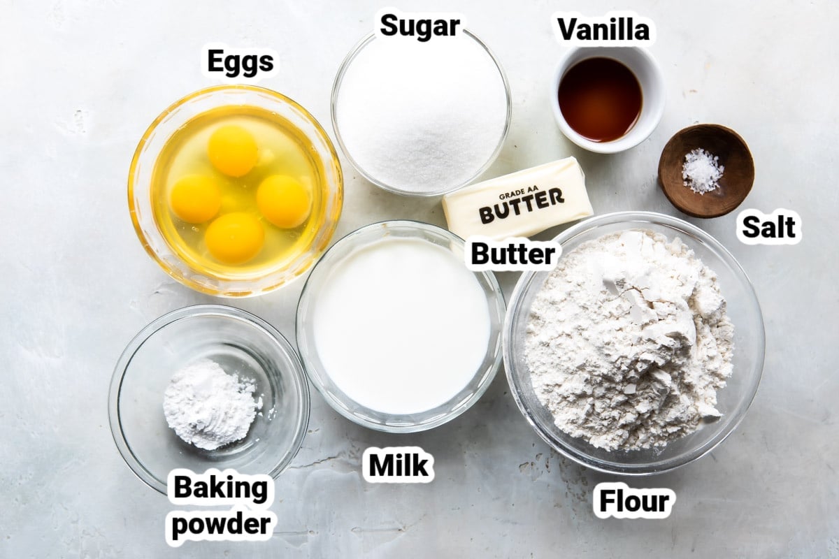 Labeled ingredients for hot milk cake.
