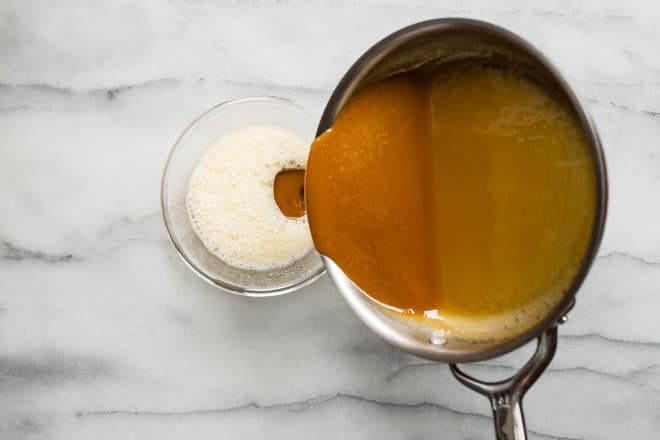 I’m sharing one of the secret tricks I learned in culinary school: the most amazing homemade pancake syrup. It’s like butter and maple syrup all wrapped up in one, but better, with a velvety texture that you’ll dream about for days.