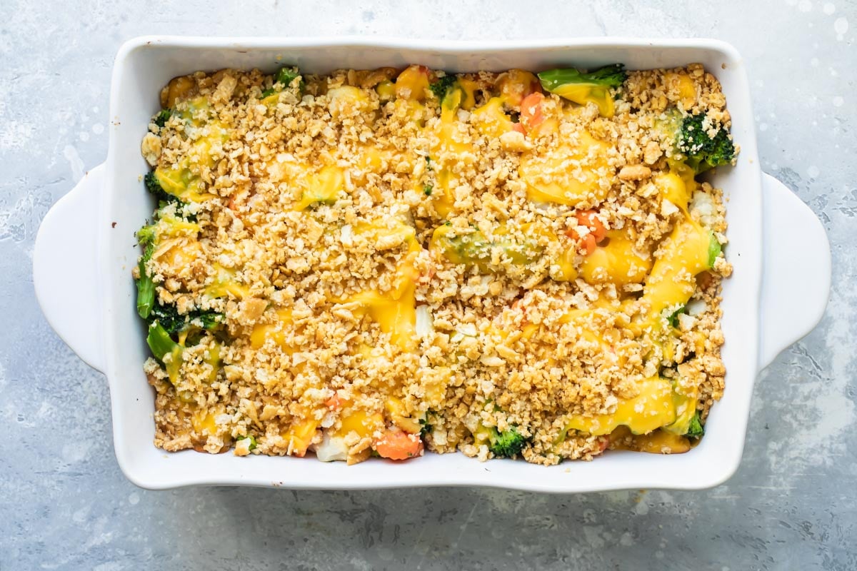 Baked vegetable casserole in a baking dish.