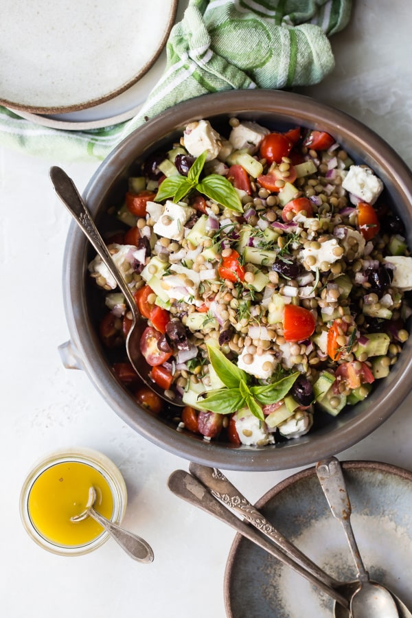 This Mediterranean Lentil Salad has all the best bits of a Greek salad. Instead of lettuce, I throw in quick-cooking lentils for a little extra protein to get me through the afternoon. It holds its crunch and travels like a champ to work or a party. It's healthy, colorful, and every bite is bursting with flavor.