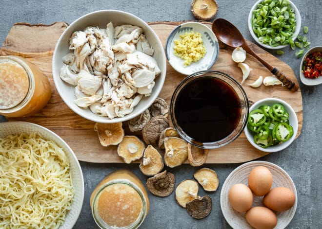 An easy recipe for Chicken Ramen soup. Prep all your ingredients ahead and you can have delicious homemade chicken ramen on the table in 15 minutes or less.