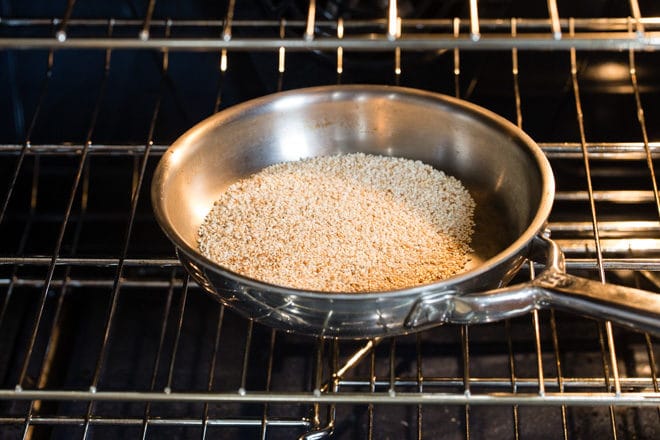 An easy method for toasting sesame seeds three ways: In the oven, on the stove, or in the microwave. You'll love the nutty flavor and golden brown color.  Add them to stir-frys, rice, salads, meat, fish, chicken, and even desserts!