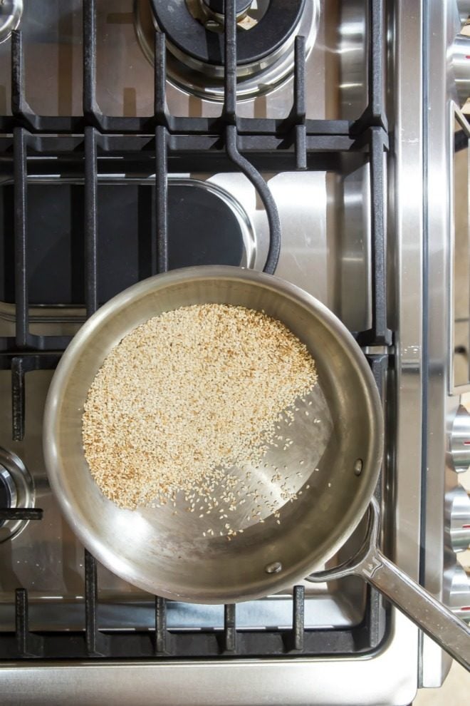 An easy method for toasting sesame seeds three ways: In the oven, on the stove, or in the microwave. You'll love the nutty flavor and golden brown color.  Add them to stir-frys, rice, salads, meat, fish, chicken, and even desserts!