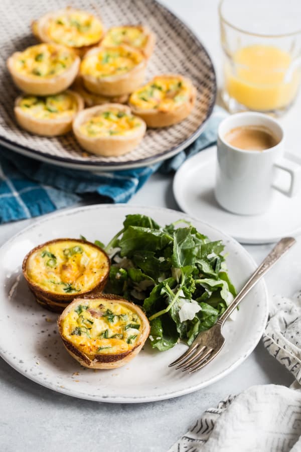 Quiche Muffins are going to be your new weekday BFF: Break-fast Friend. You can even make a big batch and freeze them; they reheat in just a few minutes, in the oven or microwave. You can also leave out the crust in case you're watching carbs.