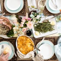 An overhead shot of a decorated table with a traditional Easter feast.