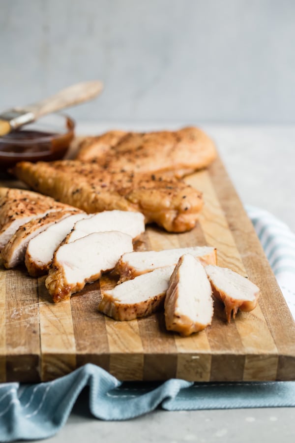 Picture of sliced smoked turkey breast on a cutting board.