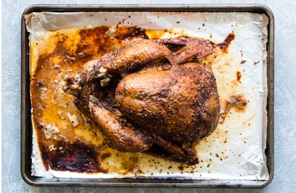 Overhead shot of smoked turkey on sheet pan.