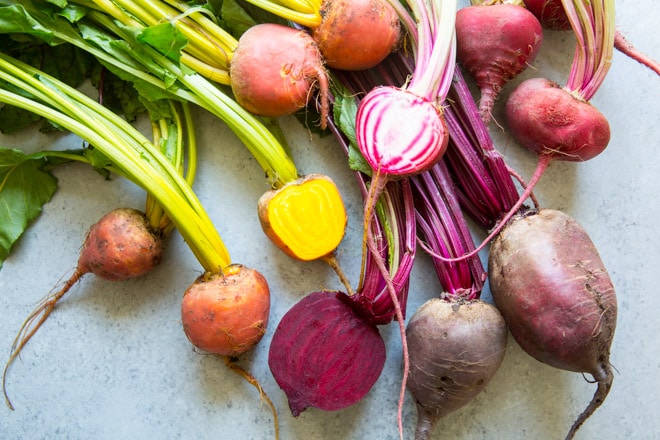 An assortment of colorful beets.