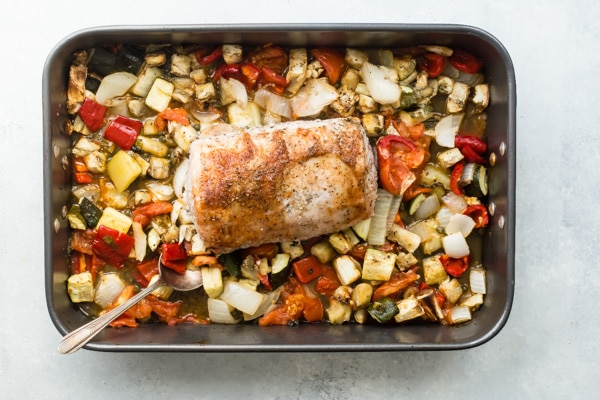 Dive into your favorite summer vegetables with roasted Pork Loin with Ratatouille, an easy and delicious dinner option for weeknights and Sunday supper!