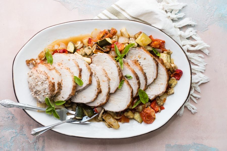 Dive into your favorite summer vegetables with roasted Pork Loin with Ratatouille, an easy and delicious dinner option for weeknights and Sunday supper!