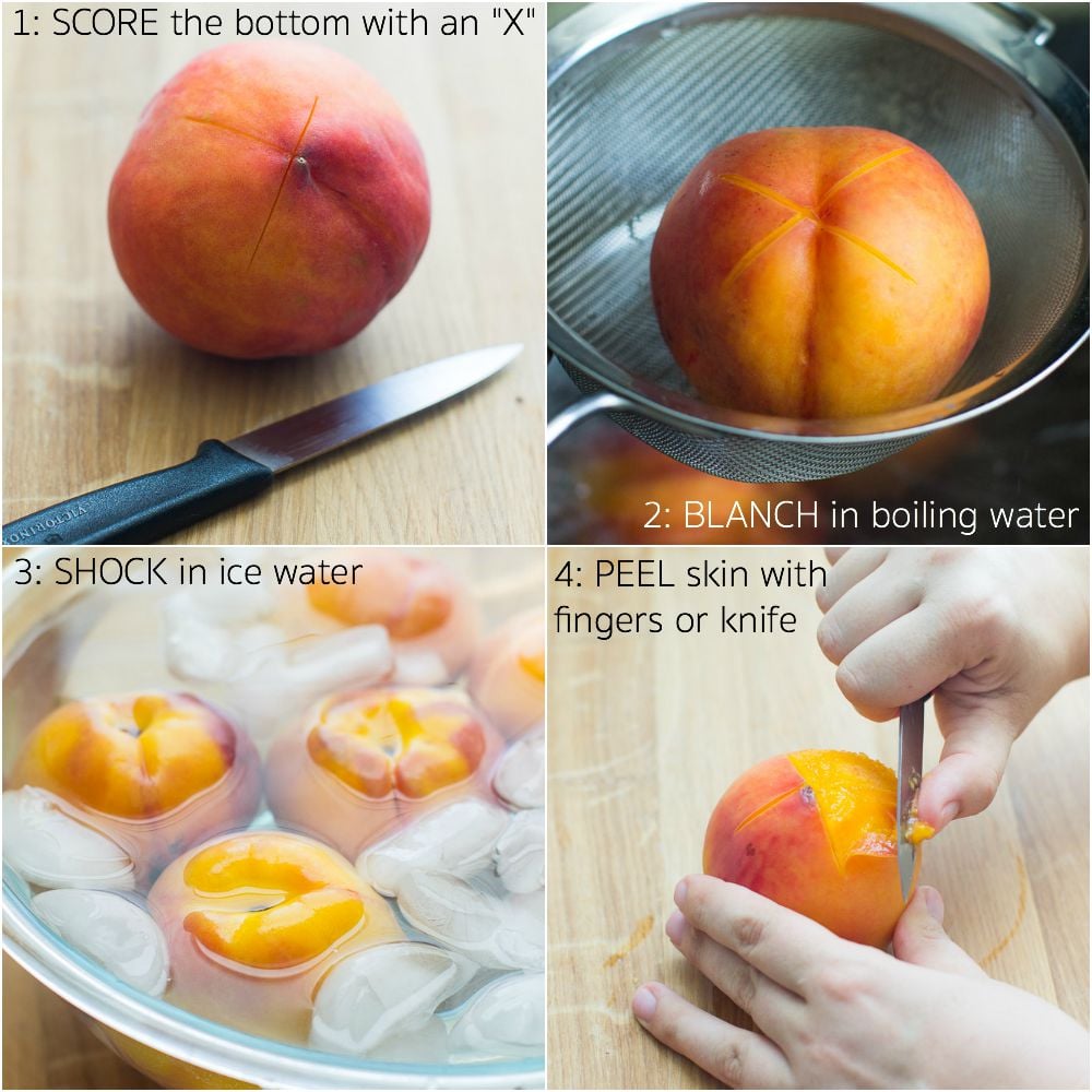 A collage of 4 pictures showing how to peel peaches.