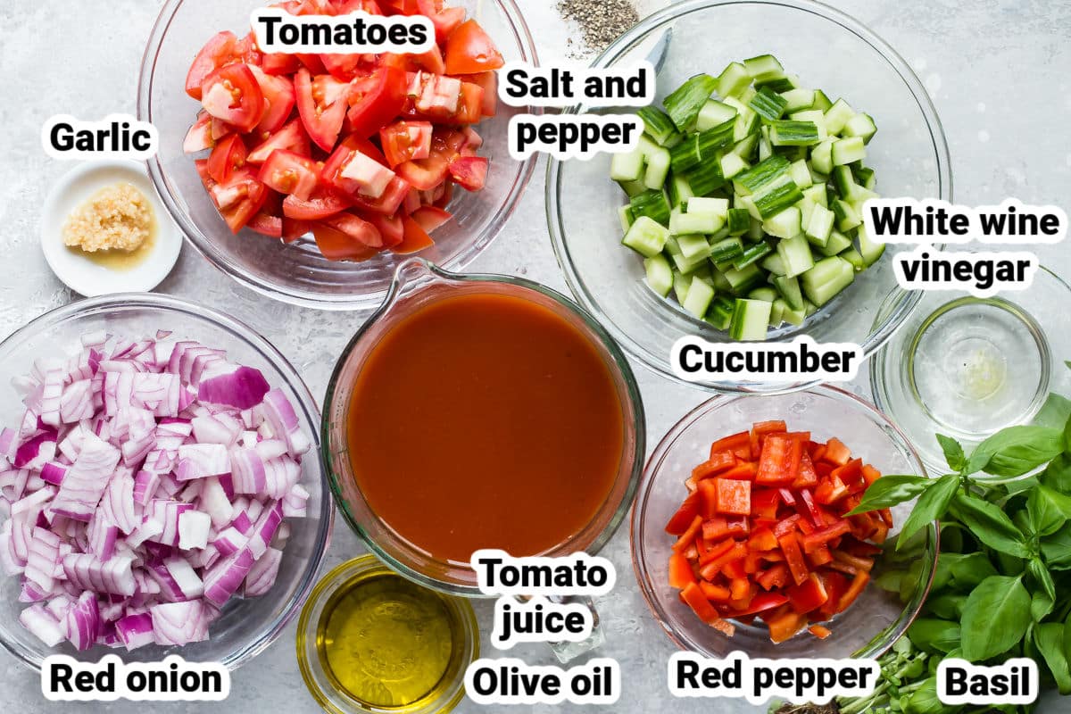 Labeled ingredients for gazpacho.