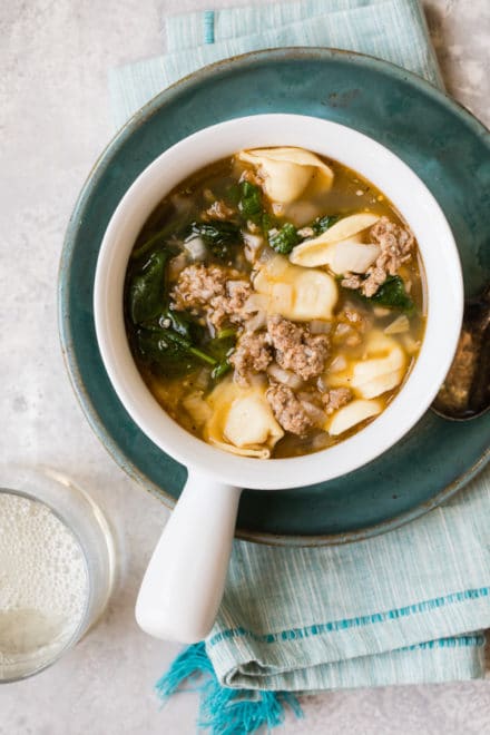 A hot bowl of rustic Sausage and Tortellini Soup is the best thing in the world at the end of a long, chilly day. Ready in about 30 minutes; proof that the most satisfying dinners don’t always have to be complicated.