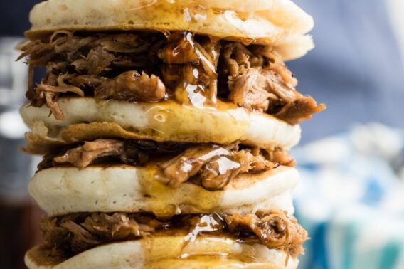 Pulled pork pancakes with whiskey maple syrup.