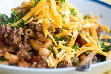 Easy goulash on a white plate.