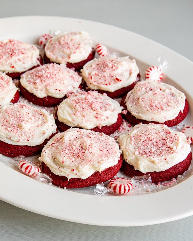 Peppermint cookies on a white platter.