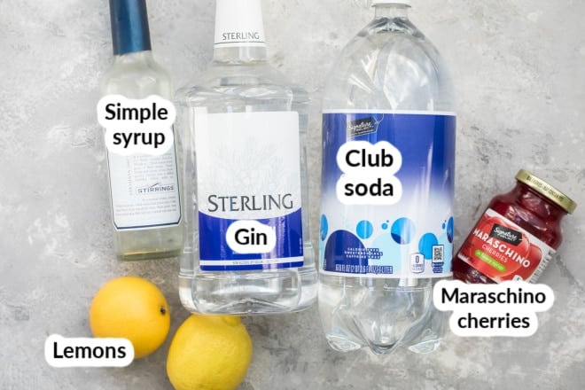 Tom Collins cocktail ingredients grouped together and labeled.