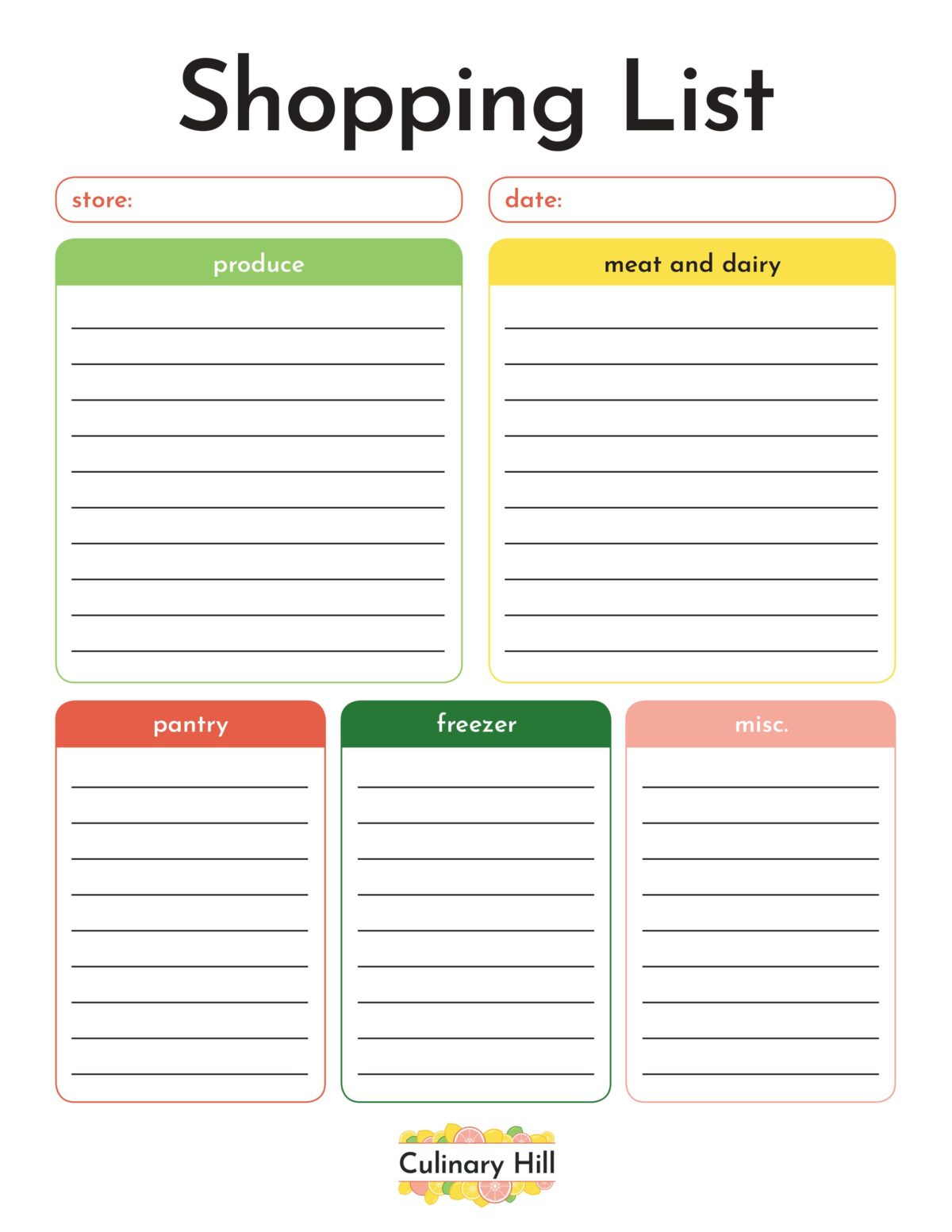 A printable shopping list template from Culinary Hill.