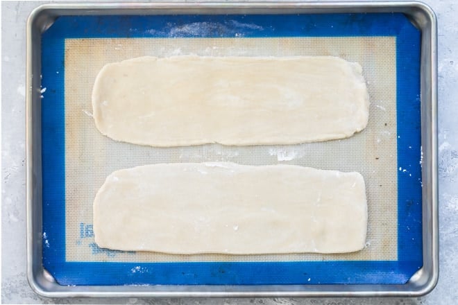 Danish kringle dough on a baking pan.