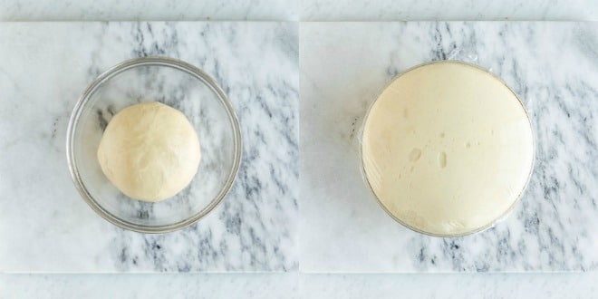 Focaccia dough in a glass bowl before and after proofing (2 photos next to each other).
