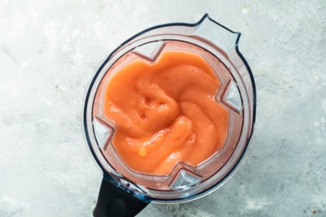 Blended strawberry peach froze in a blender.
