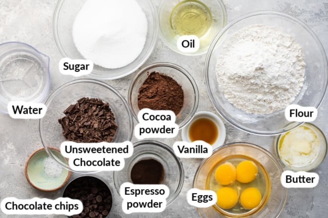 Brownie ingredients arranged in individual bowls and labeled.