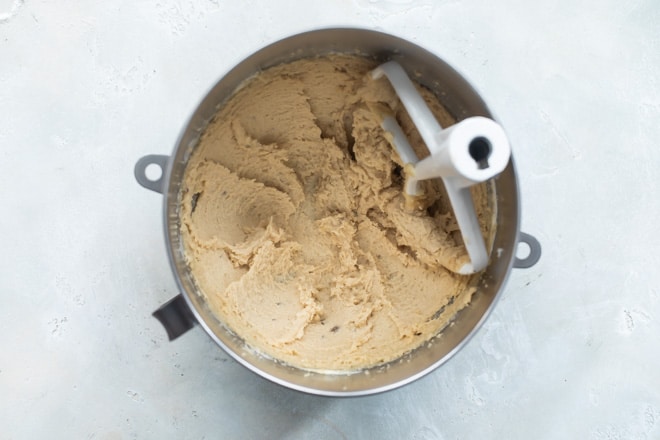 Peanut Butter cookie dough in a mixing bowl.