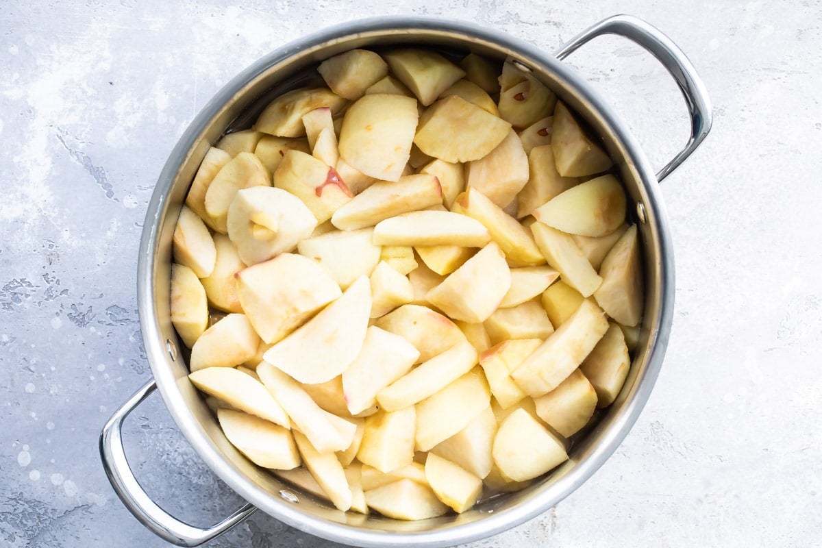 Cut up apples in a silver stock pot.