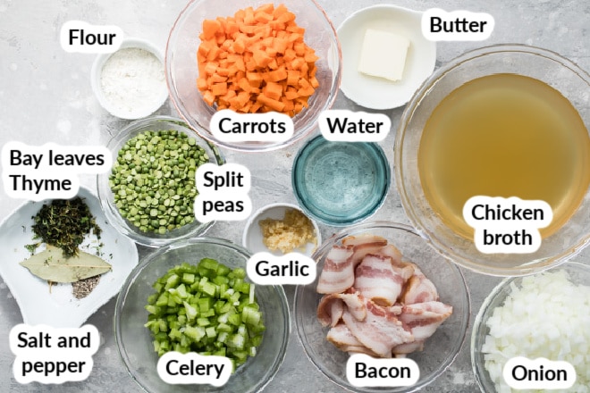 Labeled split pea soup ingredients in various bowls.