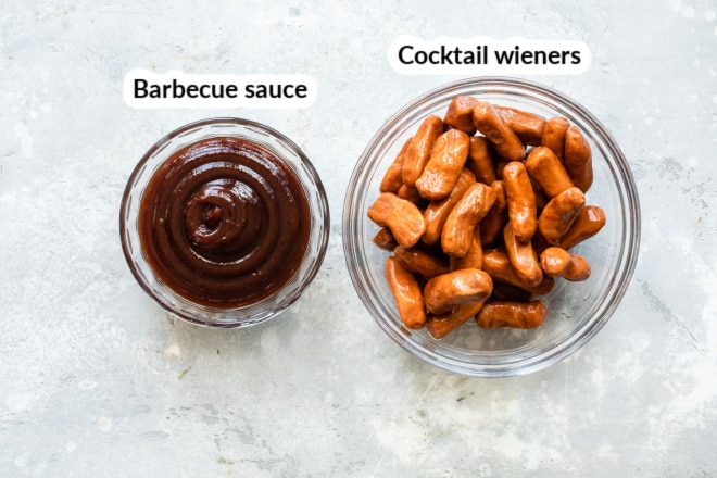 Labeled ingredients for 2 ingredient barbecue little smokies.