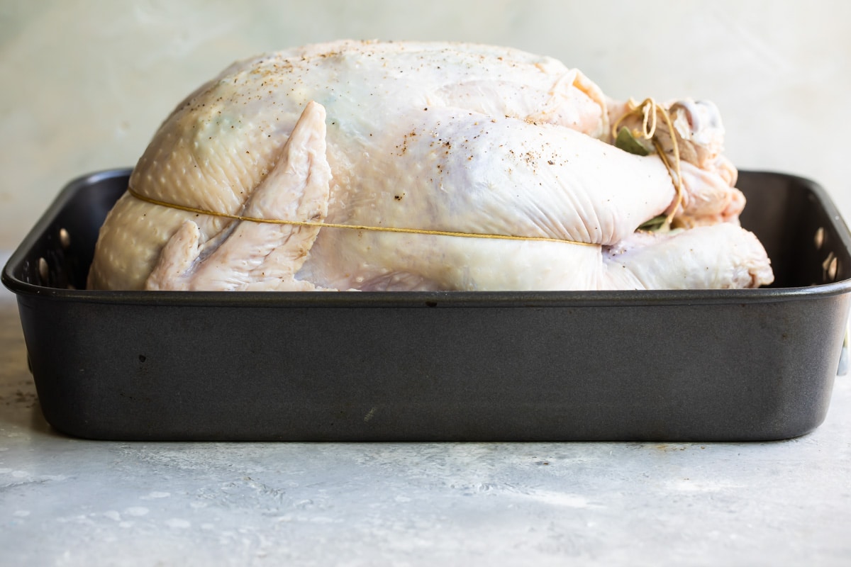 A raw trussed turkey in a roasting pan.
