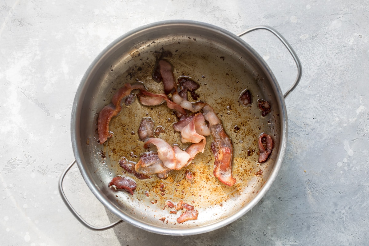Bacon cooking in a saucepan.
